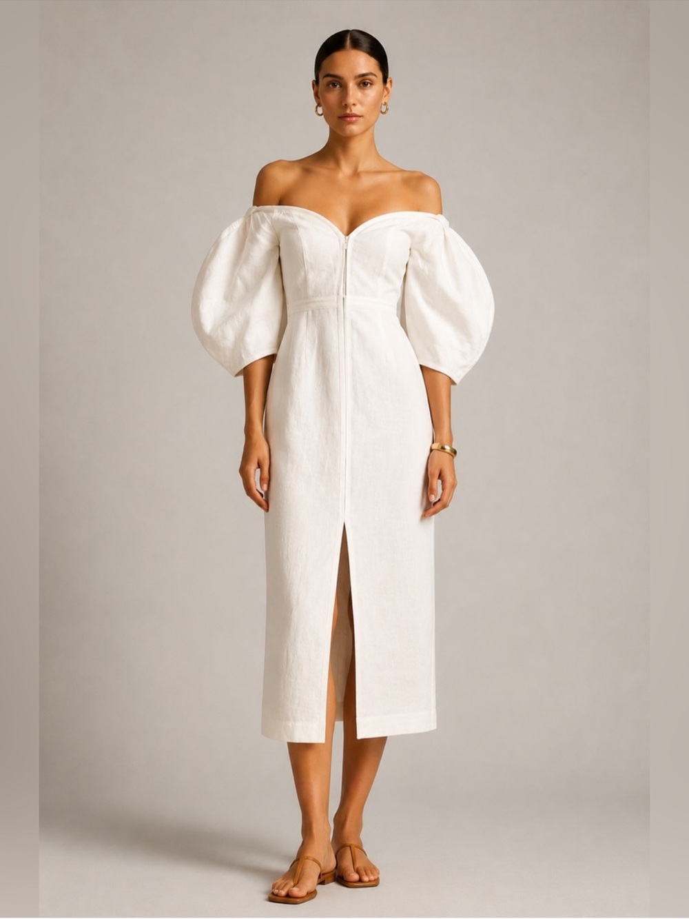 Mara Hoffman White Off-Shoulder‎ Textured Midi Dress Ivory Sz 0